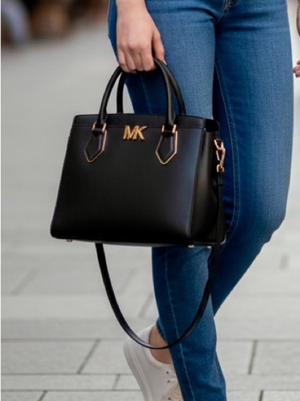 EUC Michael Kors Black Mott/Charlotte Satchel with Gold MK Logo